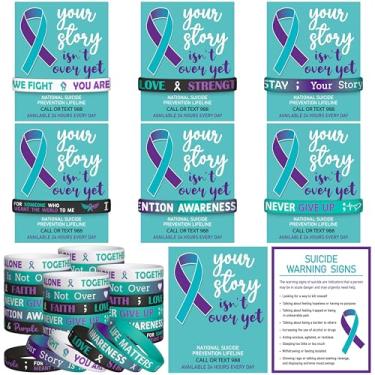 Imagem de WATINC Conjunto de cartões de pulseiras de conscientização - 96 peças, fita de prevenção de suicídio, pulseiras de silicone, presentes de papelão, pulseira de borracha motivacional com cartolina de