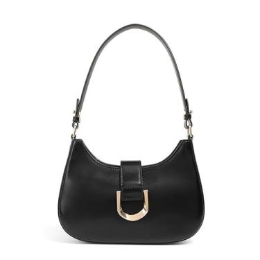 Imagem de Bolsa de ombro de couro legítimo, bolsas femininas Hobo Bolsa tiracolo com alças removíveis, Preto, Elegante