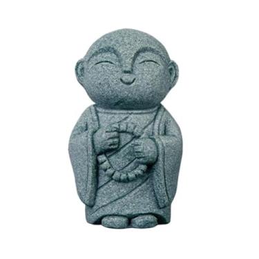 Imagem de SEEK RARE Mini monge estátua de Buda estátuas de arenito monge zen estátua rezando esculturas para riqueza boa sorte decoração Feng Shui casa aquário aquário jardim (estilo 11)