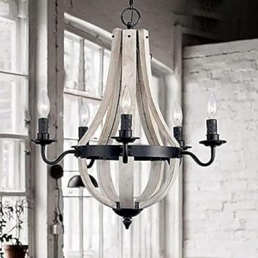 Imagem de Lustre De Madeira Antigo Estilo Candelabro Com 5 Luzes, 23" H X 20" W, Luminária De Teto Rústica De Madeira Envelhecida Em Madeira Envelhecida Branca