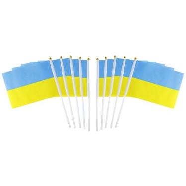 Imagem de Pacote com 10 bandeiras ucranianas ucranianas em bastão 12 x 20 cm, decorações patrióticas, decoração de sala de aula, pequenas mini bandeiras em varas, decorações de bandeira para festa.