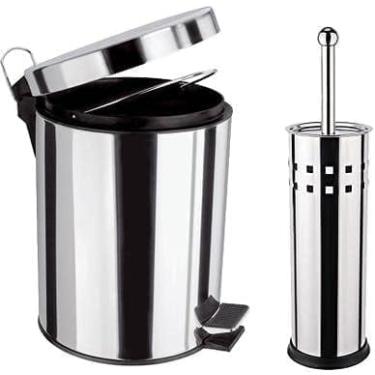 Imagem de Kit Lixeira Moderna 5 Litros Com Fechamento Suave, Cesto Removível, Pedal Enborrachado e Escova Sanitária Em Inox Para Banheiro, Soft Close, Alto Padrão