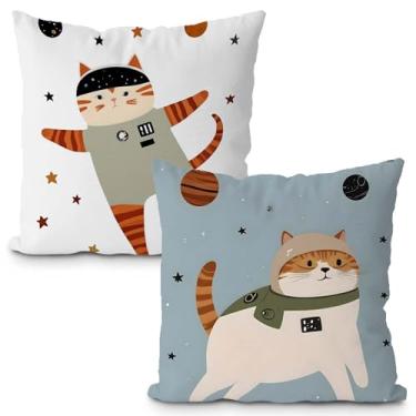 Imagem de Likjad Conjunto de 2 capas de travesseiro de gato espacial 45,7 x 45,7 cm, decoração de berçário espacial, planetas cósmicos, astronauta, gato, decoração decorativa para quarto de crianças, meninos