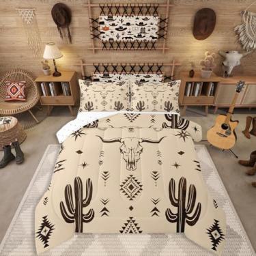 Imagem de Erosebridal Conjunto de edredom para meninos, solteiro, com caveira, caubói ocidental, vintage, do sudoeste, boêmio, geométrico, cacto, tribal, exótico, étnico, para decoração de quarto de