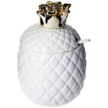 Imagem de Açucareiro com Colher de Cerâmica Abacaxi, Lyor, Branco/Dourado, 9.5 x 12 cm