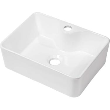 Imagem de Pia de vaso retangular – Kichae 40,64 cm x 30,48 cm Retângulo moderno para banheiro acima do balcão de porcelana branca para lavatório de pia de cerâmica com orifício para torneira
