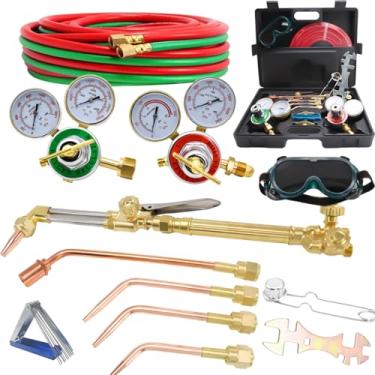 Imagem de Conjunto de tocha de corte, kit de tocha de oxiacetileno, tocha de corte a gás portátil e kit de soldagem com ponta de aquecimento, regulador de gás de acetileno oxigênio, óculos de solda de mangueira