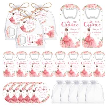 Imagem de 50 conjuntos de lembrancinhas de festa de quinze anos para convidados Abridores magnéticos de garrafas de marmelo Mis com sacos de organza, cartões de agradecimento, suprimentos de presente da Mis