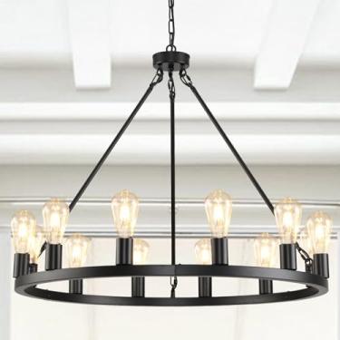 Imagem de Juhoural Lustre de roda de vagão de 12 luzes, lustres de casa de fazenda vintage rústicos redondos pretos de 80 cm para varanda ao ar livre tetos altos sala de jantar entrada
