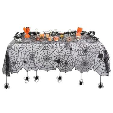 Imagem de Toalha de mesa para decoração de Halloween preta com sobreposição de renda gótica, decoração de Halloween 182 x 137 cm, teia de aranha retangular com 6 peças, toalha de mesa de aranha giratória de