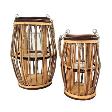 Imagem de Kit 2 Lanterna Lampião Castiçal Madeira Corda Vidro Rústico