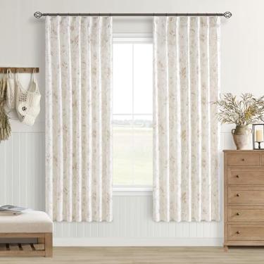 Imagem de Cortinas florais plissadas de 182 cm de comprimento para sala de jantar, sala de estar, casa de fazenda francesa, boho, vintage, filtro de luz, café, bege, bege, peônia, estampa de flor, cortina de