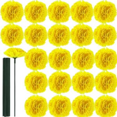 Imagem de Acronde 50 peças de flores de calêndula de seda artificial com hastes para decoração de casa de casamento indiano Diwali Dia dos Mortos DIY (50, amarelo)