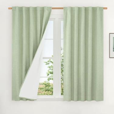 Imagem de LAMIT Cortinas de linho 100% blackout, cortinas térmicas texturizadas de linho de 113 cm, painéis neutros com forro branco para fazenda, 2 painéis, 106 x 113 cm, verde claro