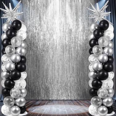 Imagem de 2 conjuntos de kit de suporte de coluna de balão preto e prata de 3,3 x 2 m de fundo prateado com balões de confetes pretos prateados torre de balão suporte para casamento, aniversário, festa, férias