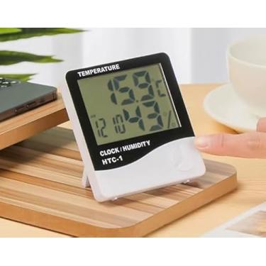 Imagem de HTC-1 Termômetro Digital Higrômetro com Relógio, Display LCD, Medidor de Temperatura e Umidade Interna e Externa, Preto e Branco, 10x9,5x2,4cm
