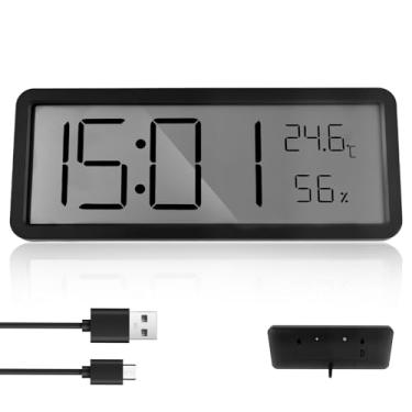 Imagem de Relógio de parede digital, visor de temperatura, recarregável ou alimentado por bateria, fácil de usar, relógio de mesa para sala de estar, escritório, quarto (preto)