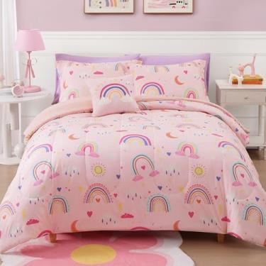 Imagem de Wink Deer Conjunto de edredom tamanho casal para meninas, 4 peças, arco-íris rosa que brilha no escuro, 1 edredom, 2 fronhas e 1 travesseiro decorativo