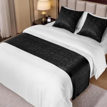Imagem de Cobedzy Corredor de cama de cetim preto para camas king size, 50 x 240 cm (20" x 94") cachecol de cama jacquard lenços de cama de cetim para hotel, casa, casa de hóspedes