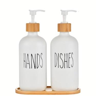 Imagem de Conjunto de dispensador de sabão para pia de cozinha – Garrafas de mãos e pratos com bandeja e bomba de bambu – Recipientes modernos recarregáveis para sabão de mão e louça – Pacote com 2 (branco e