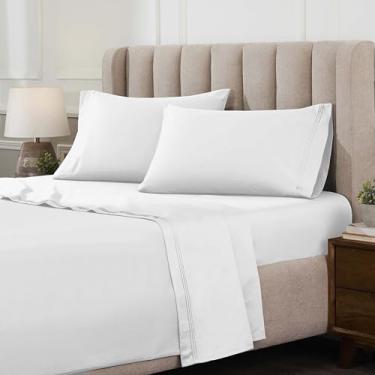 Imagem de Superior Jogo de lençol de algodão egípcio de 4 peças, luxuoso, 1500 fios, design moderno, lençóis sustentáveis, básicos ultramacios, liso, lençol de cima, fronhas, King, branco