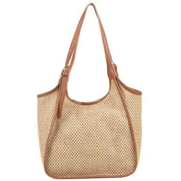 Imagem de Bolsa feminina de verão de palha grande bolsa de ombro de palha Hobo Bolsa de mão de tecido 2024, Cáqui, Free