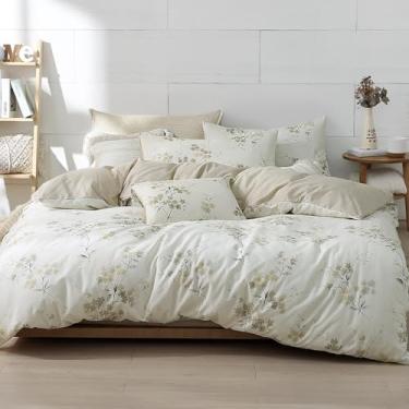 Imagem de LEMIROE Capa de edredom 100% algodão natural, tamanho solteiro, design floral com ramos cinzentos luxuosos e flores bege sutis em creme, conjuntos de cama marfim reversível, 2 peças, fecho de botão