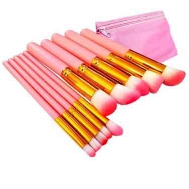 Imagem de Kit 10 Pincéis Maquiagem Kabuki Profissional Blush Pó ROSA - MKB