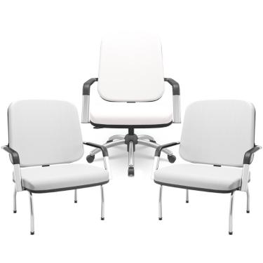 Imagem de Kit Cadeira De Escritório Giratória E 2 Cadeiras Fixas Cromada Magno P03 Vinil Branco - Lyam Decor