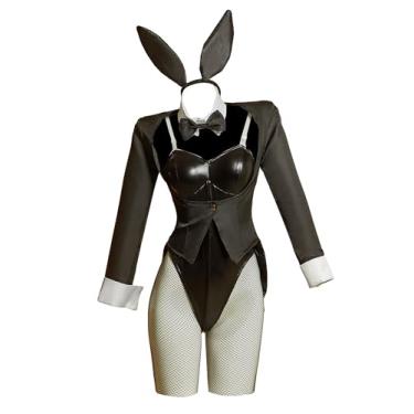 Imagem de Cosplay.fm Fantasia feminina cosplay macacão de coelho preto e casaco com meias e faixa de cabeça de coelho (preto, G)