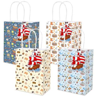 Imagem de MUZRUYOU Sacos de lembrancinha de festa de pirata com alças e etiquetas de navio, 16 bolsas temáticas de pirata, 4 estilos fofos, perfeitos para festas de aniversário, chás de bebê