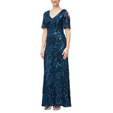 Imagem de Alex Evenings Vestido feminino longo de lantejoulas para mãe da noiva com mangas esvoaçantes de ombro vazado (tamanhos pequeno e regular), Azul oceano profundo, 44