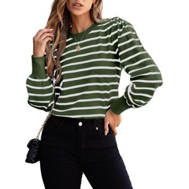 Imagem de Suéter Dokotoo verde para mulheres 2024 com manga lanterna listrada