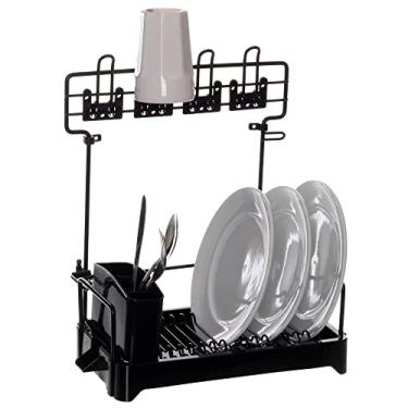 Imagem de Escorredor de Pratos com Porta Talher e Copos Aramado para Parede Dry Dobrável Preto com Preto