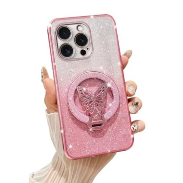 Imagem de Tesazxcn Capa de telefone para iPhone 15 Pro [compatível com Magsafe] com suporte de borboleta e cordão de TPU macio brilhante transparente à prova de choque capa de proteção para iPhone 15 Pro, ouro