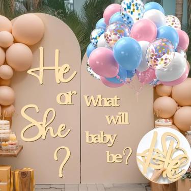 Imagem de Decoração de festa grande revelação de gênero para decoração de pano de fundo, decalques de madeira para ele ou ela, o que será o bebê, decoração de arco de balão, sinal de chá de bebê, colorido,