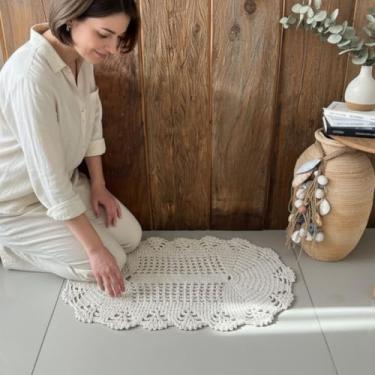 Imagem de Kit 2 Tapetes Oval Leque 70x45 Crochê Artesanal (Cru)