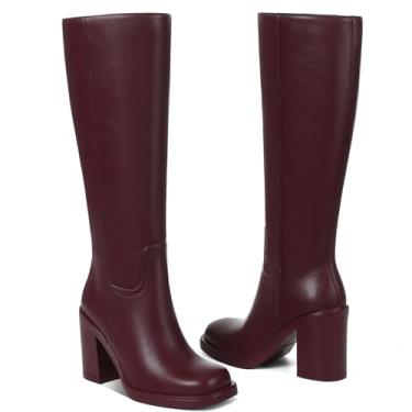 Imagem de CYNLLIO Botas de cano alto femininas plataforma Gogo bota cano alto até a coxa com salto grosso de 9 cm bico quadrado zíper lateral, Borgonha, 37