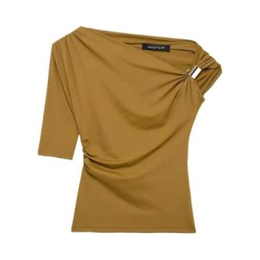 Imagem de Camiseta Feminina Assimétrica Amarela Preta Caqui Primavera Verão Sexy