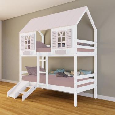 Imagem de Beliche Casinha Bela Kit Escada/Escorregador - Madeira Maciça Branco/Rosa | Housin