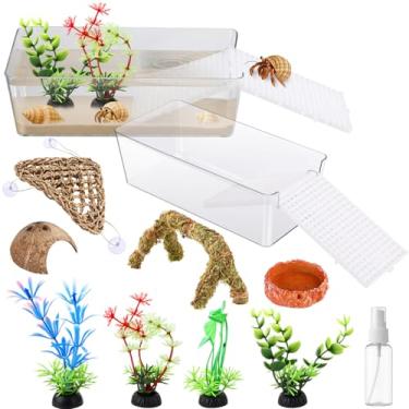 Imagem de Kathfly Kit inicial de tanque de caranguejo eremita grande transparente com rampa de escalada cortável água salgada piscina abrigo de casca de coco paisagismo tigelas de comida redes garrafa spray