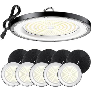 Imagem de WinWatt Luminária LED High Bay ECO 200W, luminária de teto UFO de 15' com plugue para oficina de armazém de garagem, 5000 K, 20000 lm, não regulável, IP65 (pacote com 10)