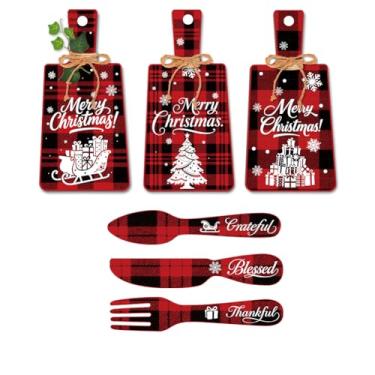 Imagem de PH PandaHall 6 peças de placa de madeira de Natal, xadrez vermelho, decoração de cozinha de Natal, decoração de parede, comer, arte, garfo, colher, placas de jantar para casa, cozinha, sala de jantar