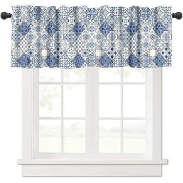 Imagem de SHElifestyle Saia de cortina de retalhos azul e branco, estilo vintage espanhol Portugal, azulejo para decoração de casa, quarto, cozinha, café, decoração 137 x 45 cm