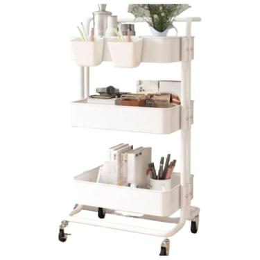 Imagem de Carrinho Organizador Multiuso 3 Prateleiras, Com AlçA Auxiliar, Estrutura Em AçO E Rodinhas,(Rosa)