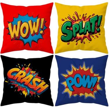 Imagem de HYJ Conjunto de 4 capas de almofada de super-heróis de quadrinhos pop art 45,7 x 45,7 cm – Capas de almofada decorativas com estampa dupla face Wow Splat Crash Pow para sofá, cama, quarto de crianças