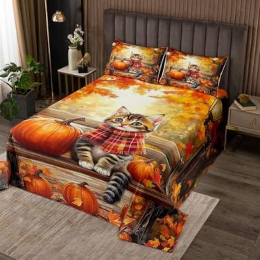 Imagem de Manfei Colcha Hello Fall Queen, conjunto de cobertor fofo de gato e abóboras de outono, 3 peças, tema colheita de outono, colcha acolchoada com 2 fronhas, decoração de quarto de meninos, colcha de