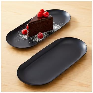 Imagem de Pacote com 2 bandejas decorativas pretas, bandejas ovais de aço inoxidável, bandeja decorativa para joias, organizador de cosméticos, bandeja de servir desordem de banheiro (preta, 18 cm)