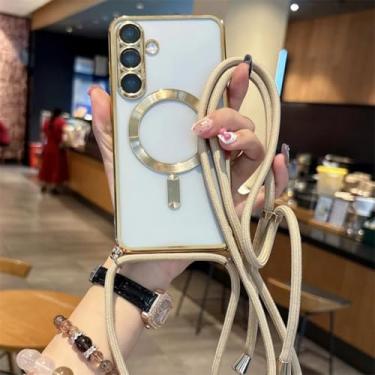 Imagem de Capa magnética de luxo com alça para Samsung Galaxy S25 S24 Fe A06 A07 A16 A17 A25 A24 A26 A35 A36 A54 A55 A56 Capa transversal com cordão (para A16/dourado)