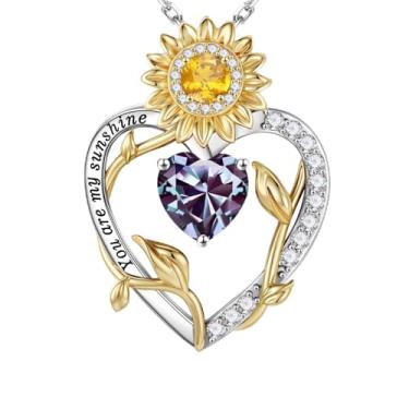 Imagem de Iefil Presentes de girassol para mulheres – Colar feminino com pingente de coração e girassol de prata esterlina S925, presentes de aniversário para esposa, colar You Are My Sunshine, joia para esposa
